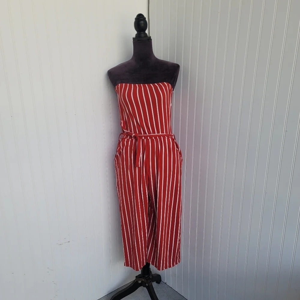 Capella Women's Red White Striped Strapless Stretch Jumpsuit Waist Tie Sz S